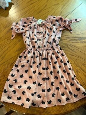 Girls Pink Cat Print Tie-Sleeve Dress